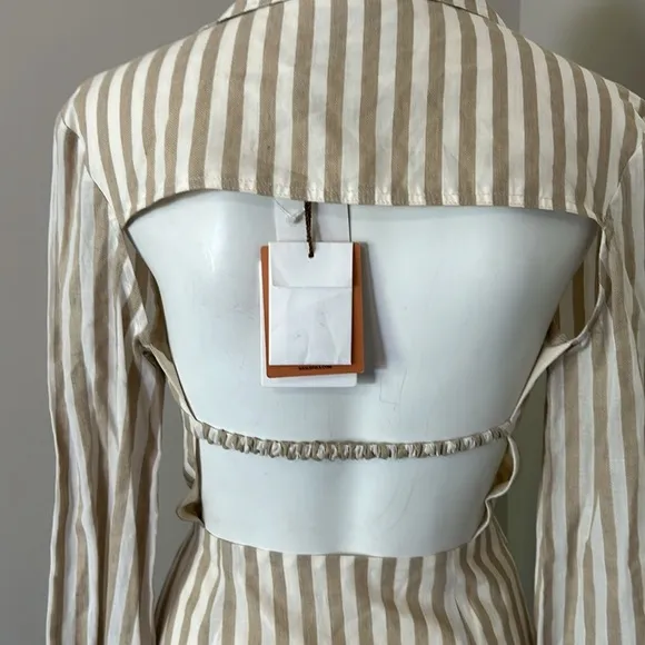 Nanushka Esma Cotton Linen Striped Wrap Open Back Mini Dress White Beige XS NEW