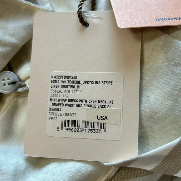 Nanushka Esma Cotton Linen Striped Wrap Open Back Mini Dress White Beige XS NEW