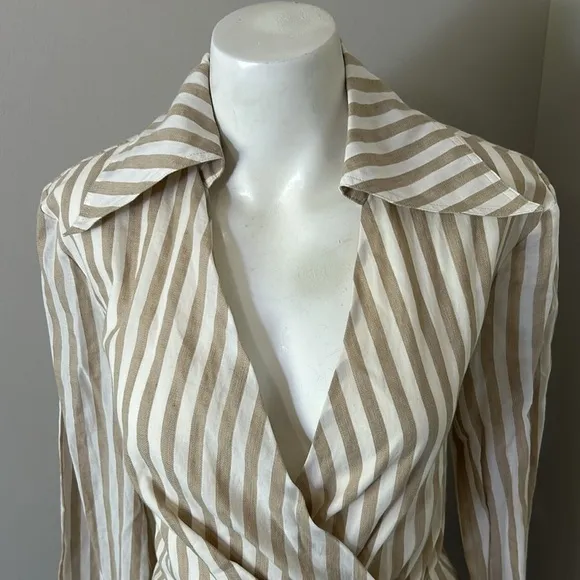 Nanushka Esma Cotton Linen Striped Wrap Open Back Mini Dress White Beige XS NEW