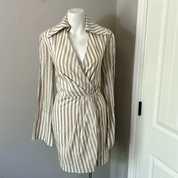 Nanushka Esma Cotton Linen Striped Wrap Open Back Mini Dress White Beige XS NEW