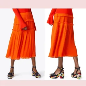 NEW $548 Tory Burch [ 6‎ ] Stella Plissé-chiffon Midi Skirt In Spicy Orange