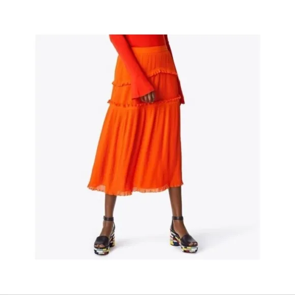 NEW $548 Tory Burch [ 6‎ ] Stella Plissé-chiffon Midi Skirt In Spicy Orange