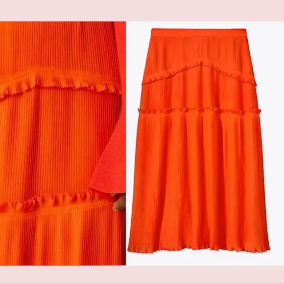 NEW $548 Tory Burch [ 6‎ ] Stella Plissé-chiffon Midi Skirt In Spicy Orange