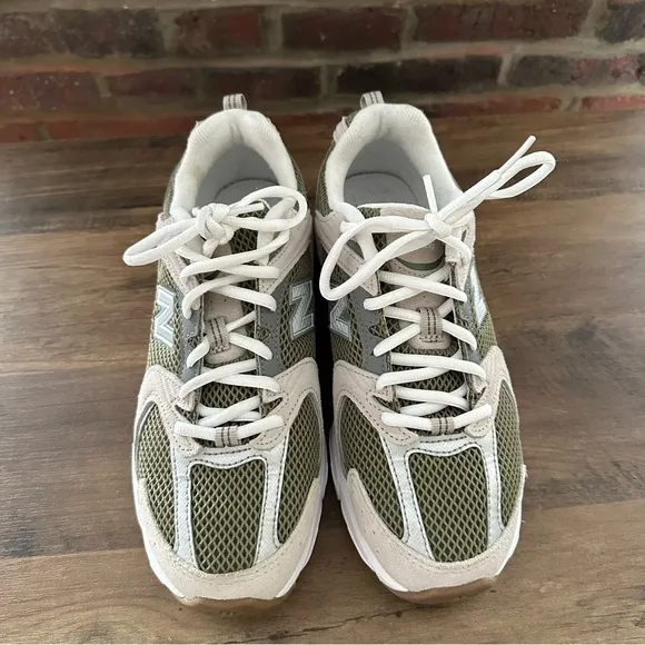 New Balance Olive and White Sneakers