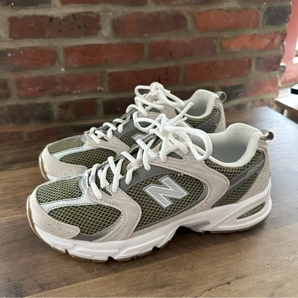 New Balance Olive and White Sneakers