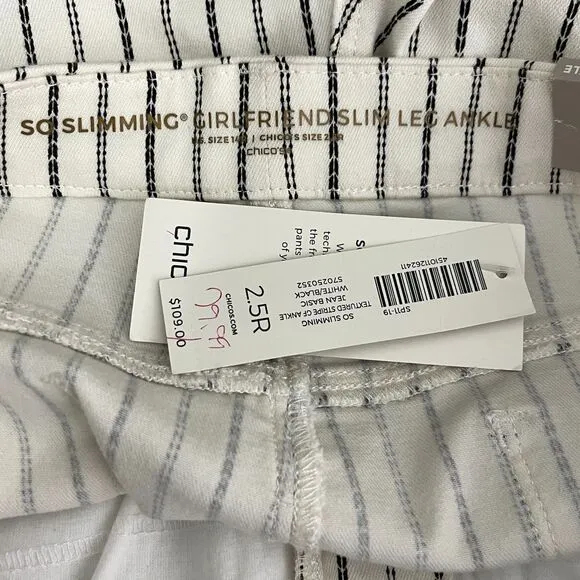New Chico's So Slimming Textured-Stripe Girlfriend Ankle Jeans Women's Size 14