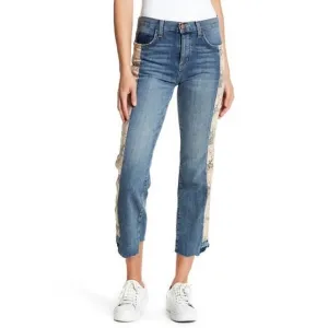 NEW CURRENT/ELLIOTT uneven seemed original straight floral jeans in blue