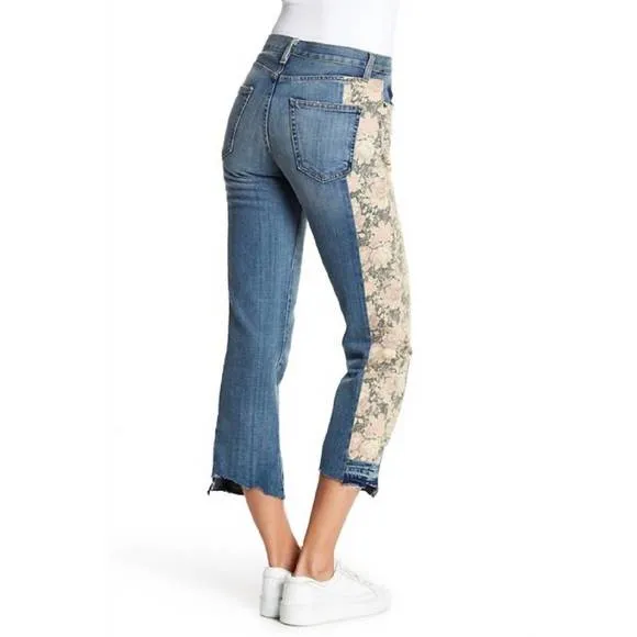 NEW CURRENT/ELLIOTT uneven seemed original straight floral jeans in blue