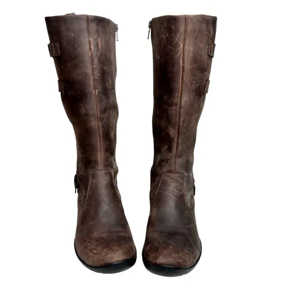 NEW Ecco Full Grain Leather Tall Buckle Boots Distressed Brown Mid-Calf 38