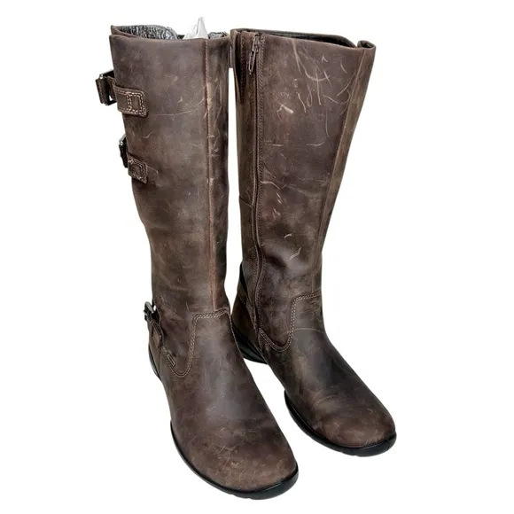 NEW Ecco Full Grain Leather Tall Buckle Boots Distressed Brown Mid-Calf 38