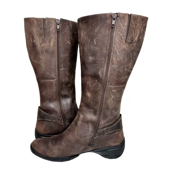 NEW Ecco Full Grain Leather Tall Buckle Boots Distressed Brown Mid-Calf 38