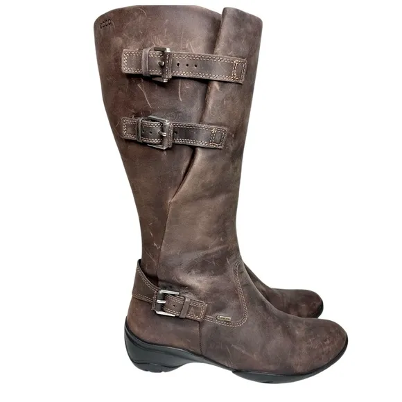NEW Ecco Full Grain Leather Tall Buckle Boots Distressed Brown Mid-Calf 38