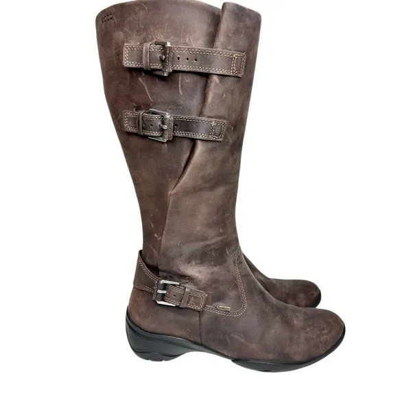 NEW Ecco Full Grain Leather Tall Buckle Boots Distressed Brown Mid-Calf 38