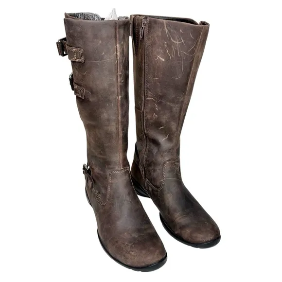 NEW Ecco Full Grain Leather Tall Buckle Boots Distressed Brown Mid-Calf 38