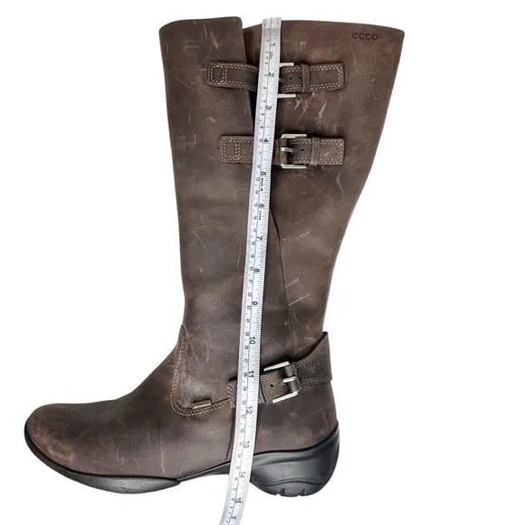 NEW Ecco Full Grain Leather Tall Buckle Boots Distressed Brown Mid-Calf 38