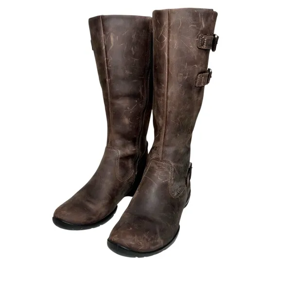 NEW Ecco Full Grain Leather Tall Buckle Boots Distressed Brown Mid-Calf 38