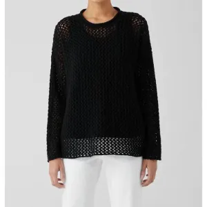 NEW EILEEN FISHER peruvian organic cotton boucle crew neck top in black