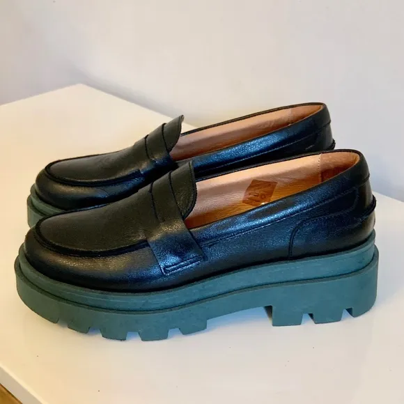 NEW Esska Chunky Black Leather Emily Loafers Size 37/7US