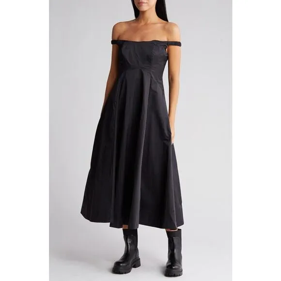 New Free People Alinda Dress $228 SIZE 0 Black Off-The-Shoulder Midi