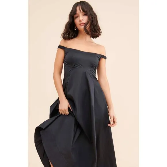 New Free People Alinda Dress $228 SIZE 0 Black Off-The-Shoulder Midi