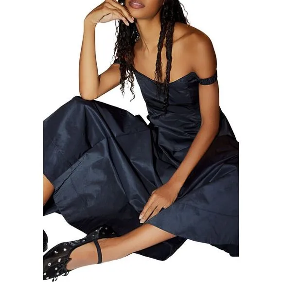 New Free People Alinda Dress $228 SIZE 0 Black Off-The-Shoulder Midi