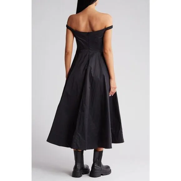 New Free People Alinda Dress $228 SIZE 0 Black Off-The-Shoulder Midi