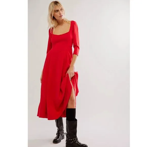 New Free People Elsie Midi Dress $198 SMALL Red Fit-and-Flare Open Back