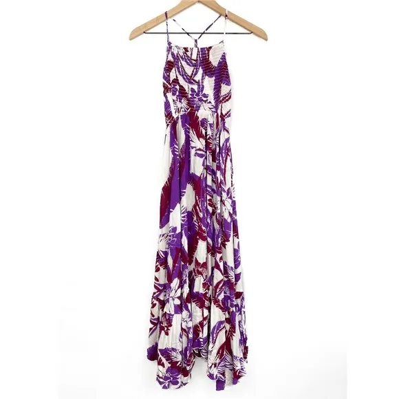 NEW Free People Heat Wave Tropical Printed Maxi Slip Dress, Purple Red Combo - S