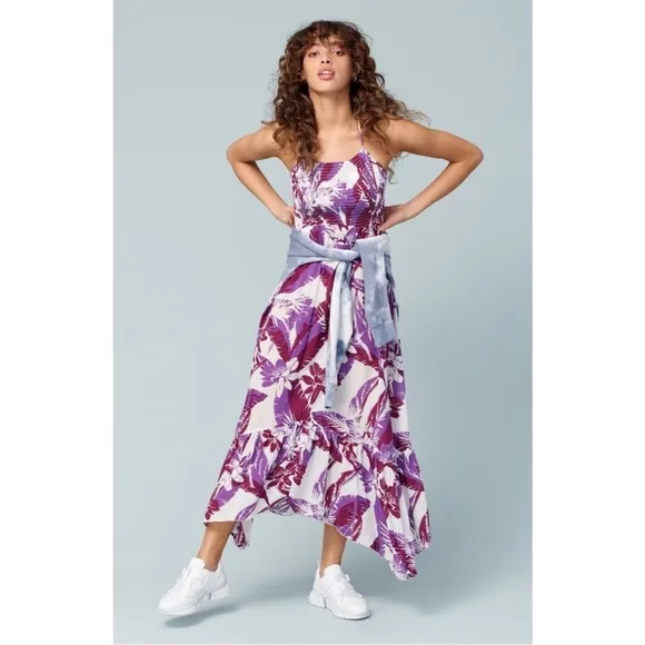 NEW Free People Heat Wave Tropical Printed Maxi Slip Dress, Purple Red Combo - S