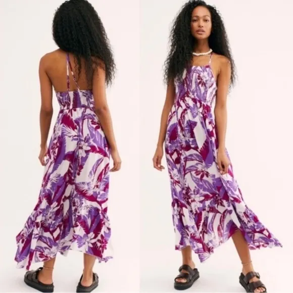 NEW Free People Heat Wave Tropical Printed Maxi Slip Dress, Purple Red Combo - S