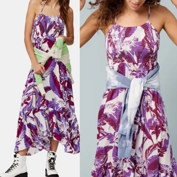 NEW Free People Heat Wave Tropical Printed Maxi Slip Dress, Purple Red Combo - S