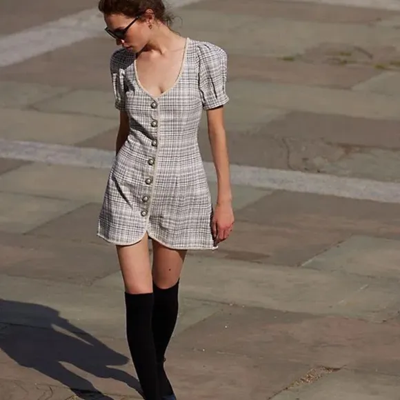 New! Free People Juni B tweed plaid pearl Mini Dress nwot 20977