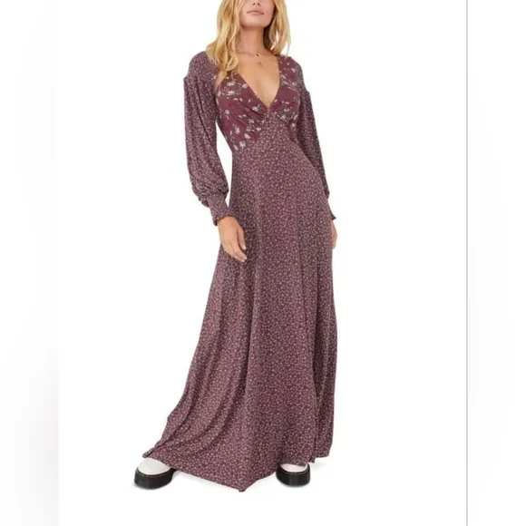 NEW Free People Women's Love Story Maxi Dress, Raisin Combo, Purple, Floral, M