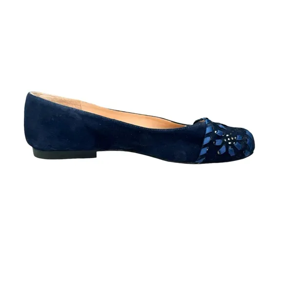 NEW French Sole Fs/ny Deuce Flats Navy Blue Suede Embellished Squared Toe Shoe