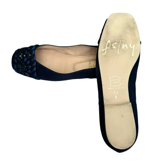 NEW French Sole Fs/ny Deuce Flats Navy Blue Suede Embellished Squared Toe Shoe