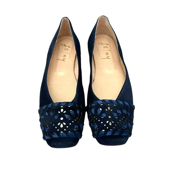 NEW French Sole Fs/ny Deuce Flats Navy Blue Suede Embellished Squared Toe Shoe