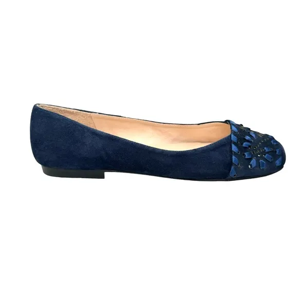 NEW French Sole Fs/ny Deuce Flats Navy Blue Suede Embellished Squared Toe Shoe
