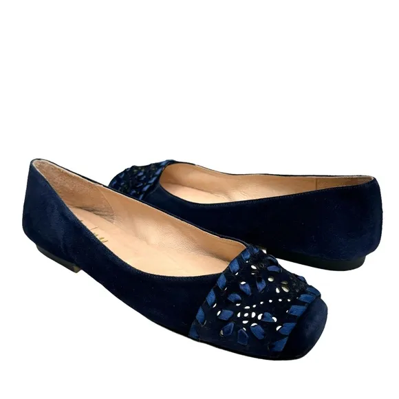 NEW French Sole Fs/ny Deuce Flats Navy Blue Suede Embellished Squared Toe Shoe