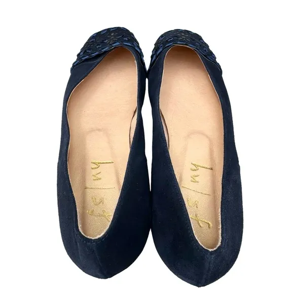 NEW French Sole Fs/ny Deuce Flats Navy Blue Suede Embellished Squared Toe Shoe