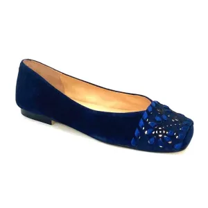 NEW French Sole Fs/ny Deuce Flats Navy Blue Suede Embellished Squared Toe Shoe
