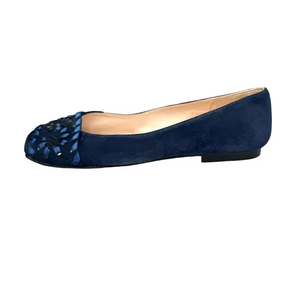 NEW French Sole Fs/ny Deuce Flats Navy Blue Suede Embellished Squared Toe Shoe