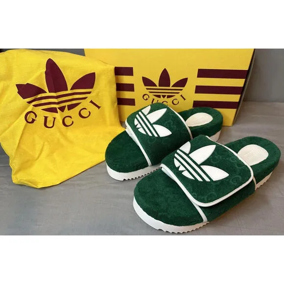 New Gucci x Adidas GG Platform Slides /Sandals Green Men’s Size 10