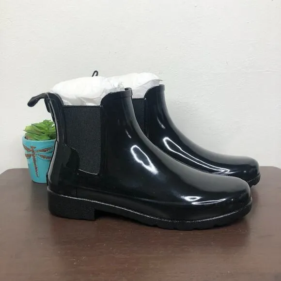 NEW Hunter Original Refined Chelsea Black Glossy Ankle Boots Women's 6