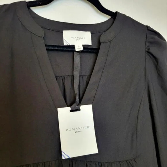 🚨NEW POMANDER PLACE Tuckernuck Black Crepe Kenzo Tiered Mini Dress Sz Small