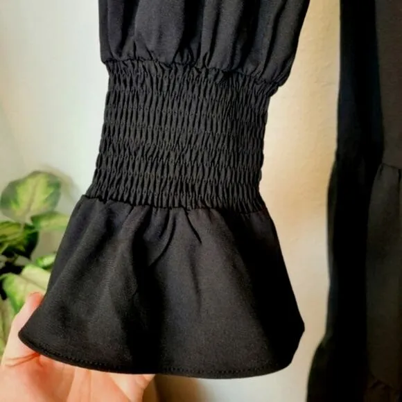 🚨NEW POMANDER PLACE Tuckernuck Black Crepe Kenzo Tiered Mini Dress Sz Small
