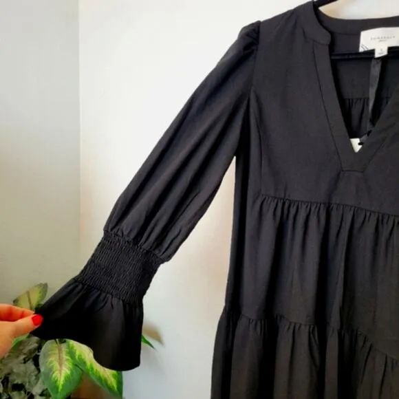 🚨NEW POMANDER PLACE Tuckernuck Black Crepe Kenzo Tiered Mini Dress Sz Small