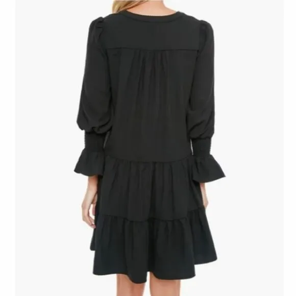 🚨NEW POMANDER PLACE Tuckernuck Black Crepe Kenzo Tiered Mini Dress Sz Small