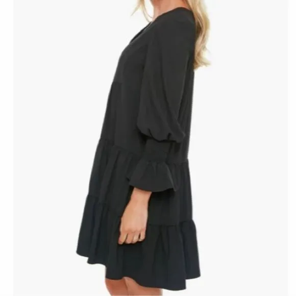 🚨NEW POMANDER PLACE Tuckernuck Black Crepe Kenzo Tiered Mini Dress Sz Small
