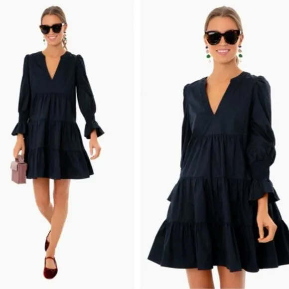 🚨NEW POMANDER PLACE Tuckernuck Black Crepe Kenzo Tiered Mini Dress Sz Small