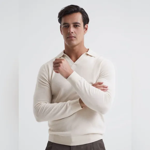 New REISS Milk Swift Wool Blend Open Collar Polo Shirt
